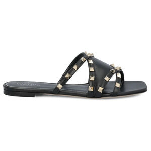 Valentino Rockstud Crisscross Strap Leather Black Slide Slip On Flat Sandal 40